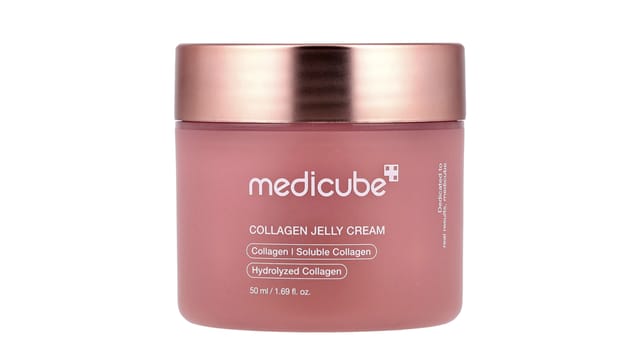 iHerb - צנצנת קרם ג'לי קולגן של Medicube בצבע ורוד עם מכסה זהב ורד, 50 מ"ל