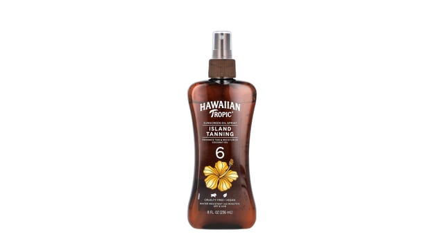 iHerb - ספריי שמן הגנה מהשמש של Hawaiian Tropic בבקבוק חום כהה עם משאבה, SPF 6, עיטור פרח היביסקוס צהוב