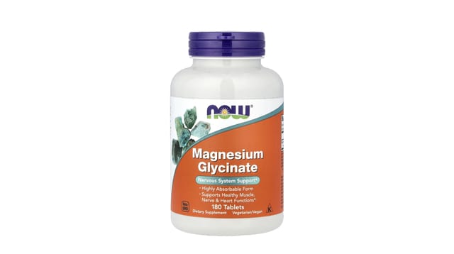 iHerb - בקבוק לבן עם מכסה סגול של NOW Foods מגנזיום גליצינאט, תווית כתומה, 180 טבליות