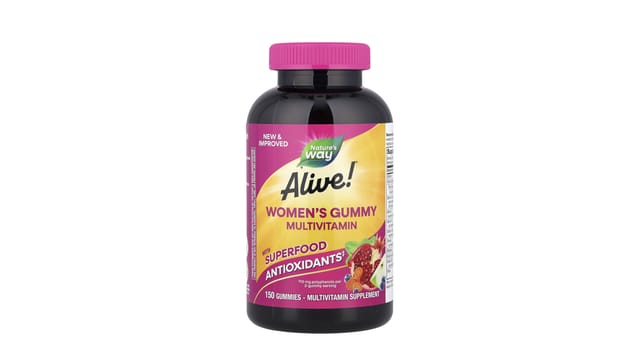 iHerb - בקבוק כהה עם מכסה ורוד של מולטי-ויטמין גומי לנשים Alive! מבית Nature's Way
