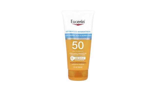 Eucerin - שפופרת קרם הגנה Advanced Hydration SPF 50, לבן וכתום, עם חומצה היאלורונית