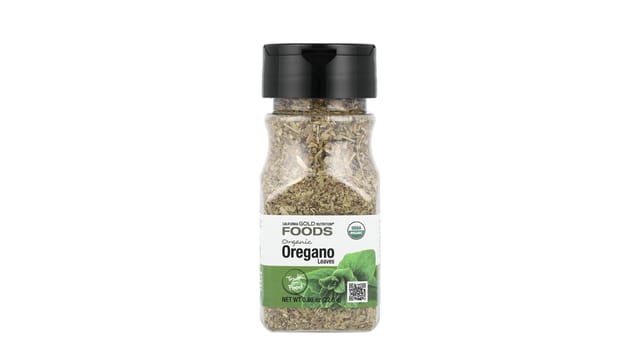 iHerb - בקבוק תבלין שקוף עם מכסה שחור של אורגנו אורגני מיובש California Gold Nutrition, תווית ירוקה-לבנה