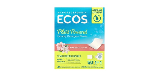 iHerb - גיליונות כביסה ECOS בניחוח מגנוליה ולילי, אריזה כחול-ירוקה עם פרחים ורודים, ללא פלסטיק