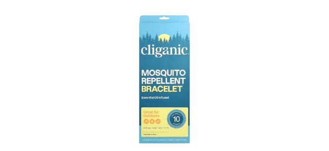 Cliganic - אריזת קרטון בצבע כחול עם לוגו וטקסט זהוב, צמיד דוחה יתושים עם שמנים אתריים, 10 יחידות