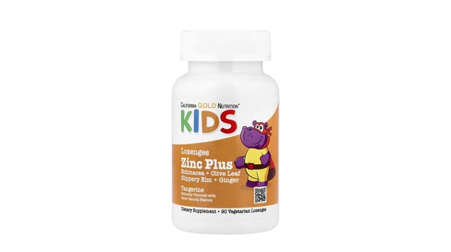 iHerb - בקבוק לבן של לוזנג'ים לילדים עם אבץ של California Gold Nutrition, עם דמות היפופוטם סגול מצויר על תווית כתומה