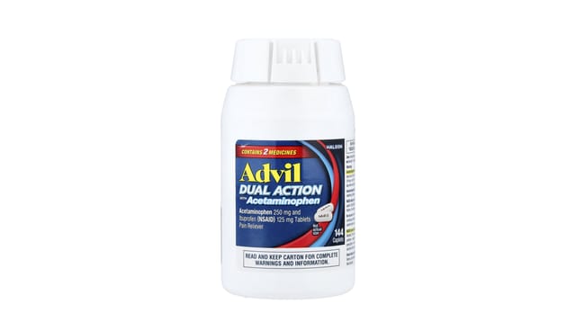 iHerb - בקבוק לבן של Advil Dual Action עם מדבקה כחולה-אדומה, 144 כדורים נגד כאב