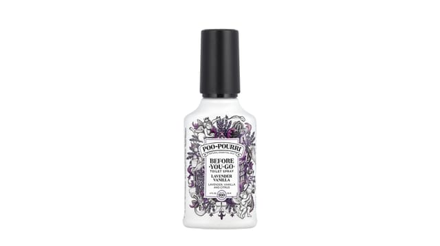 iHerb - בקבוק לבן של Poo-Pourri ספריי אסלה Before-You-Go בניחוח לבנדר וניל, פקק שחור, עיצוב סגול