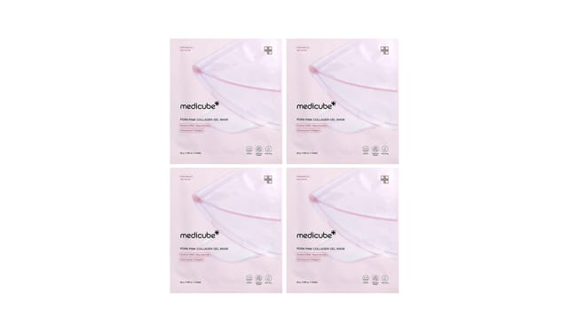 Medicube - ארבע אריזות ורודות של מסכת ג'ל קולגן PDRN, עם עיצוב מינימליסטי ולוגו המותג