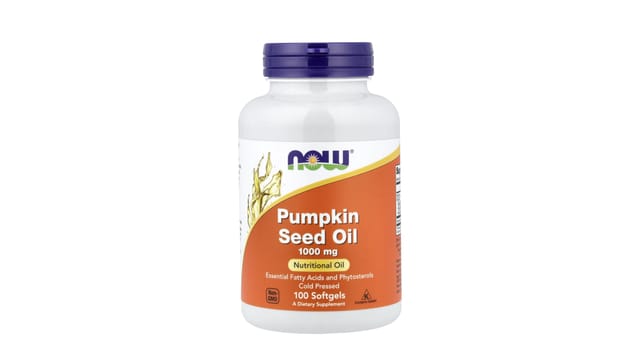 iHerb - בקבוק לבן עם מכסה סגול של Now Foods, שמן זרעי דלעת 1000 מ"ג, 100 כמוסות רכות