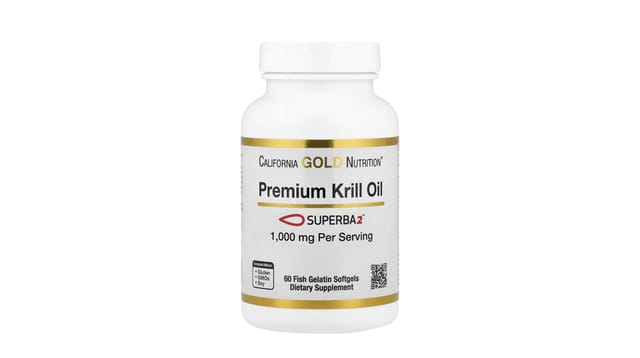 iHerb - בקבוק לבן עם פס זהב של California Gold Nutrition שמן קריל פרימיום 1000 מ"ג, 60 כמוסות ג'לטין