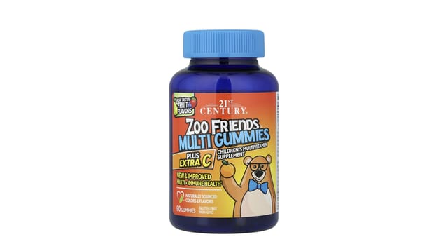 iHerb - בקבוק כחול של סוכריות גומי מולטי Zoo Friends מבית 21st Century עם דמות דוב מצויר וכיתוב כתום