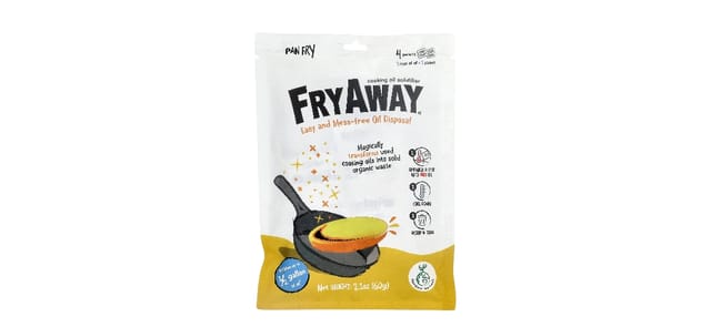 iHerb - אריזת FryAway Pan Fry לייצוב שמן בישול, רקע לבן וצהוב עם איור מחבת שחורה
