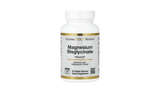 iHerb - בקבוק לבן של מגנזיום ביסגליצינט מבית California Gold Nutrition עם פס זהב, 60 כמוסות צמחיות