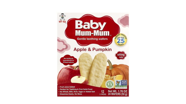 iHerb - קופסת וופלי שיניים Baby Mum-Mum של Hot Kid בטעם תפוח ודלעת, רקע לבן-אדום