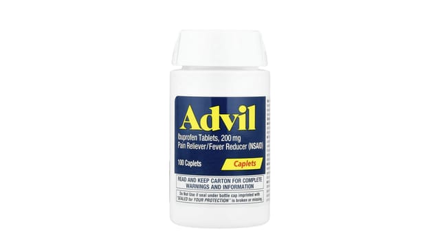 iHerb - בקבוק לבן של Advil טבליות איבופרופן 200 מ"ג, תווית כחול כהה עם כיתוב צהוב