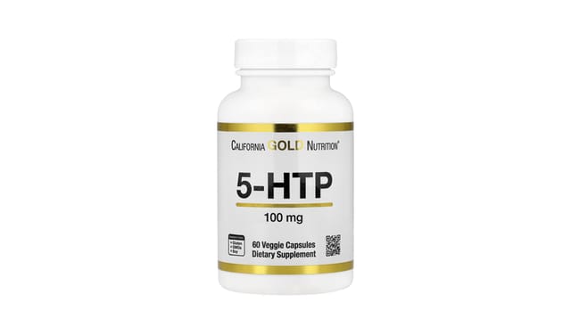 iHerb - בקבוק לבן עם תווית זהב-לבנה של California Gold Nutrition קפסולות 5-HTP 100 מ"ג, 60 קפסולות טבעוניות