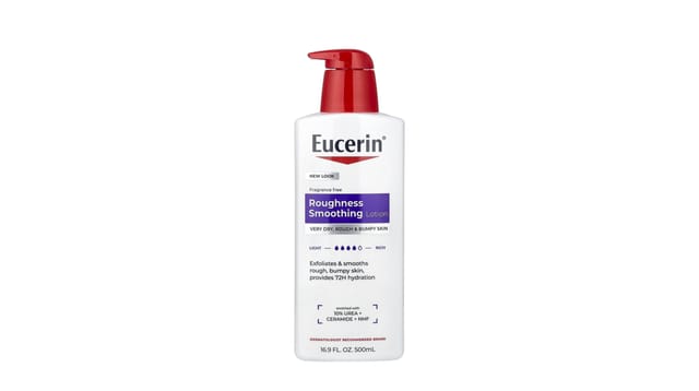 iHerb - בקבוק משאבה לבן עם מכסה אדום של תחליב Eucerin להחלקת עור יבש וגס