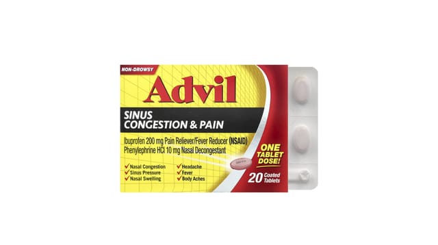 iHerb - אדוויל תוסף לסינוסיטיס וכאב, אריזה צהובה-אדומה עם 20 טבליות מצופות