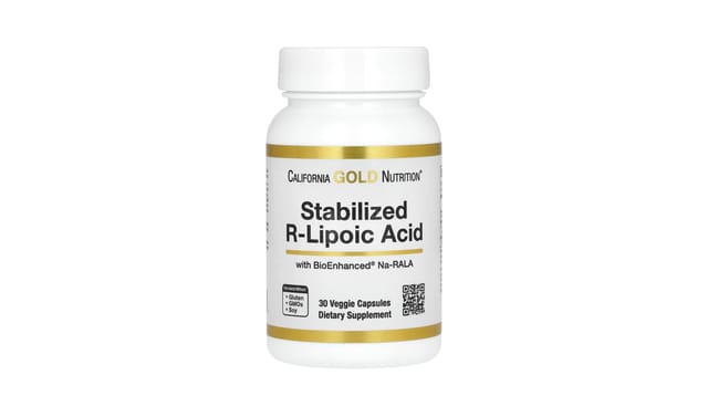 iHerb - בקבוק לבן עם פס זהב של California Gold Nutrition, חומצה ליפואית R, 30 כמוסות צמחיות