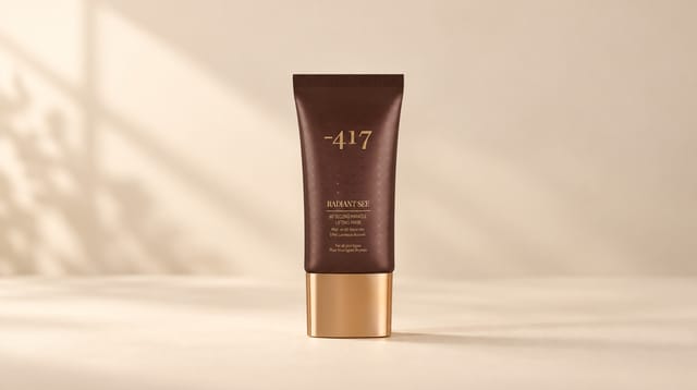 CRM - מסכת מתיחה 417 Skincare: שפופרת חומה עם פקק זהב, על רקע שמנת בהיר עם הצללה רכה