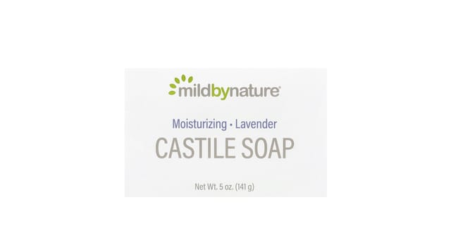 Mild By Nature - קופסת סבון קסטיל לבנדר לחות, אריזה לבנה מינימליסטית עם לוגו ירוק וכיתוב אפור