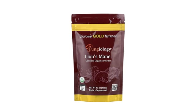 iHerb - שקית אבקת Lion's Mane אורגנית של California Gold Nutrition, בצבע בורדו וצהוב