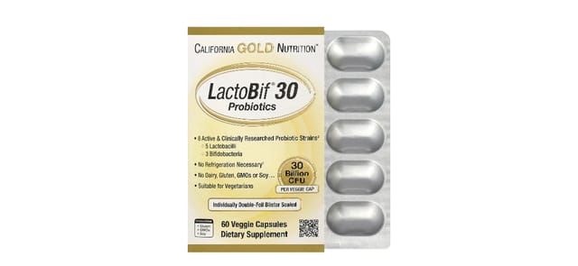 iHerb - אריזת LactoBif 30 פרוביוטיקה בצבעי זהב ולבן, עם בליסטר כסוף של 60 כמוסות צמחיות