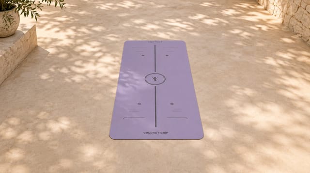 Holy Moly - מזרן יוגה Coconut Grip סגול עם קווי יישור ולוגו במרכז, פרוס על רצפת אבן באור שמש וצללי עלים