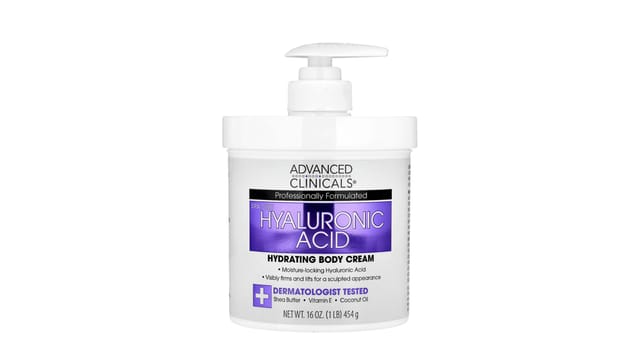iHerb - קרם גוף חומצה היאלורונית של Advanced Clinicals, בצנצנת לבנה עם משאבה, עיצוב סגול-לבן