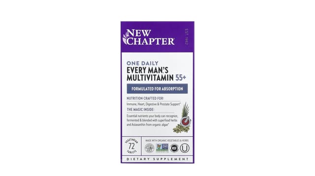 iHerb - קופסת מולטי-ויטמין 55+ לגברים של New Chapter, עיצוב סגול-לבן, 72 טבליות צמחוניות