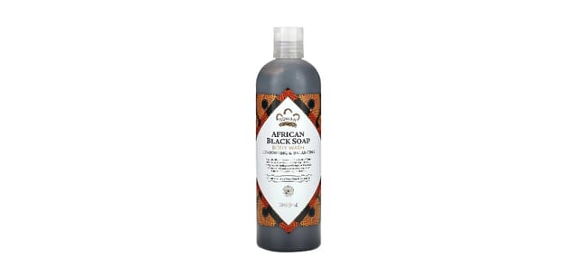 iHerb - בקבוק שטיפת גוף African Black Soap בצבע שחור עם עיטורים בגוונים חומים-אדומים ומכסה שקוף