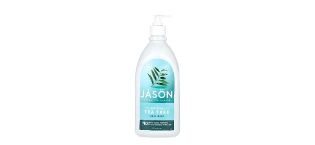 iHerb - בקבוק משאבה לבן של ג'ייסון נטורל, סבון גוף עץ התה המטהר, עם עלים ירוקים ורקע טורקיז