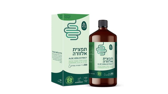 ברא צמחים - בקבוק ואריזה ירוקים של תמצית אלוורה 500 מ"ל עם איור מעיים