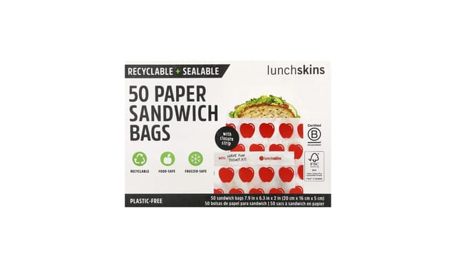 iHerb - שקיות נייר לכריכים של Lunchskins עם הדפס תפוחים אדומים, קופסה לבנה, 50 יחידות, ניתנות למיחזור