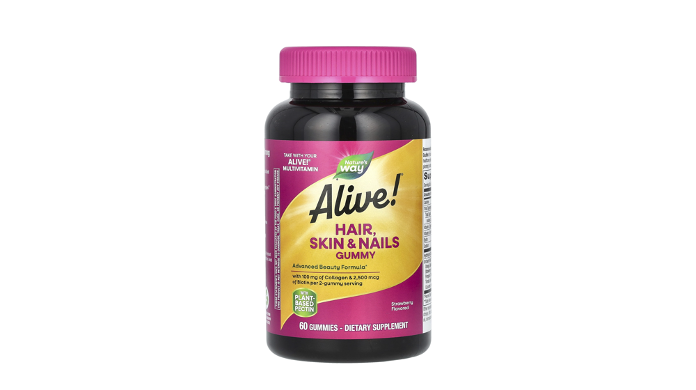 iHerb - בקבוק כהה עם מכסה ורוד של Nature's Way Alive! סוכריות גומי לשיער, עור וציפורניים