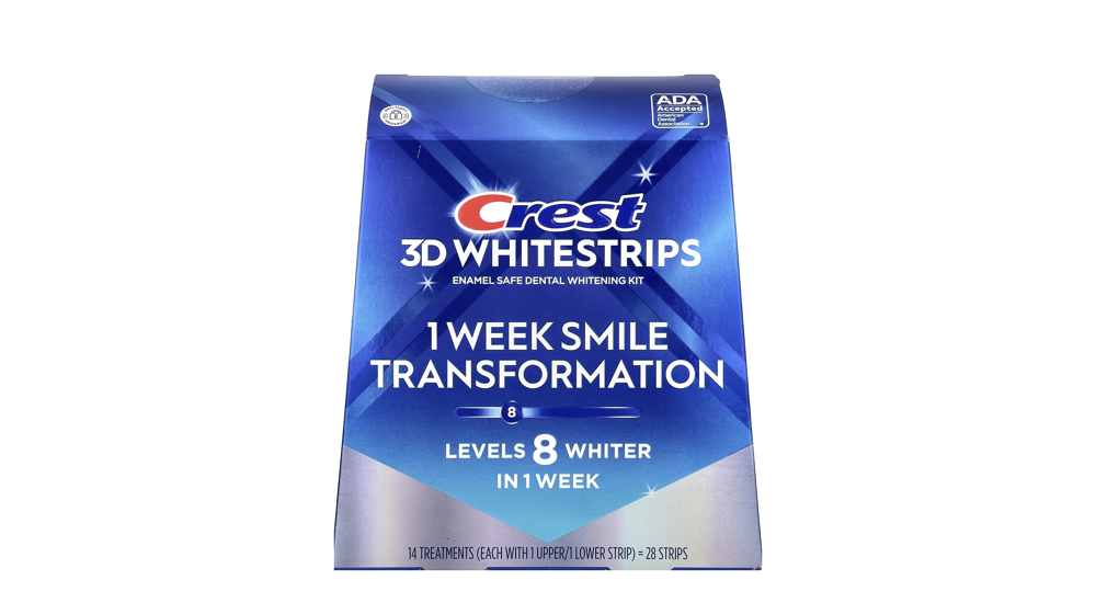 iHerb - קופסת Crest 3D Whitestrips כחולה ומבריקה להלבנת שיניים, מבטיחה 8 רמות הלבנה בשבוע אחד
