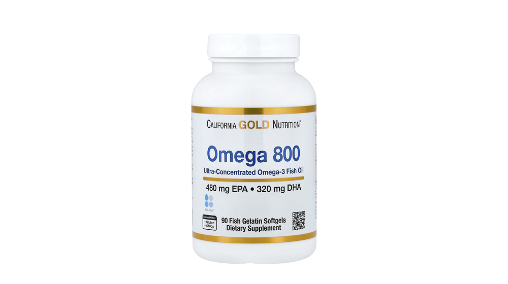 iHerb - בקבוק לבן עם פס זהב של California Gold Nutrition אומגה 800, תוסף שמן דגים עם EPA ו-DHA