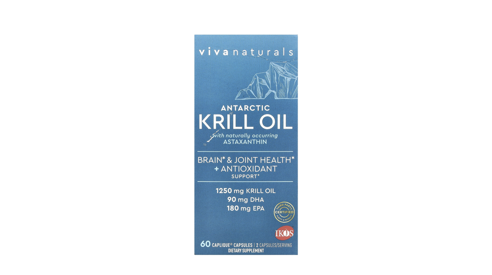 iHerb - קופסת שמן קריל אנטארקטי של Viva Naturals בצבע כחול עם כיתוב לבן, 60 כמוסות