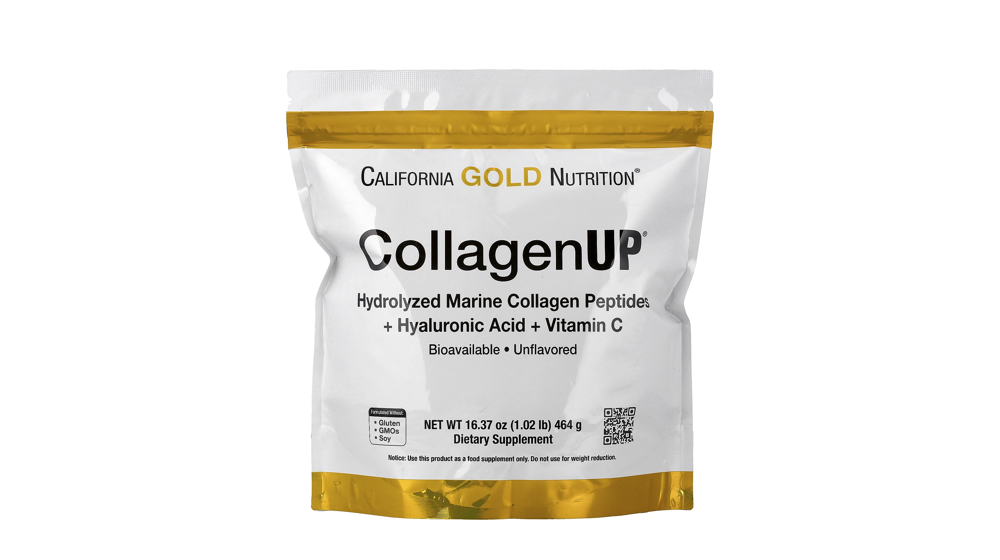 iHerb - שקית אבקת CollagenUP של California Gold Nutrition בצבעי לבן וזהב על רקע לבן