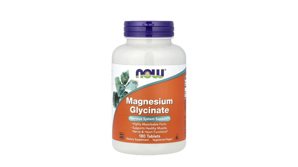 iHerb - בקבוק לבן עם מכסה סגול של NOW Foods מגנזיום גליצינאט, תווית כתומה, 180 טבליות