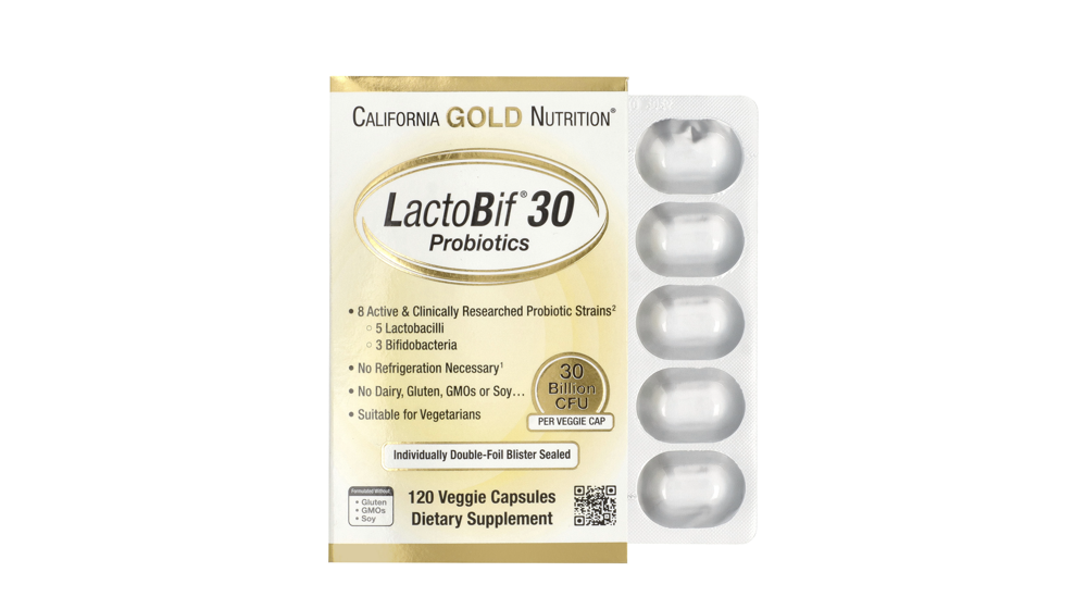 iHerb - קופסת פרוביוטיקה LactoBif 30 של California Gold Nutrition בצבע זהב-לבן, לצד שלפוחית כמוסות שקופות