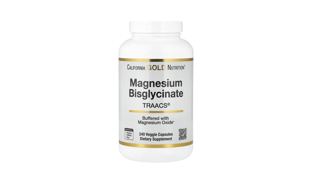 iHerb - בקבוק לבן של מגנזיום ביסגליצינאט צ'לייט מבית California Gold Nutrition עם פס זהב