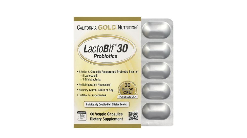 iHerb - אריזת פרוביוטיקה LactoBif 30 של California Gold Nutrition בגוונים זהב-לבן, עם בליסטר כסוף של 60 כמוסות צמחיות