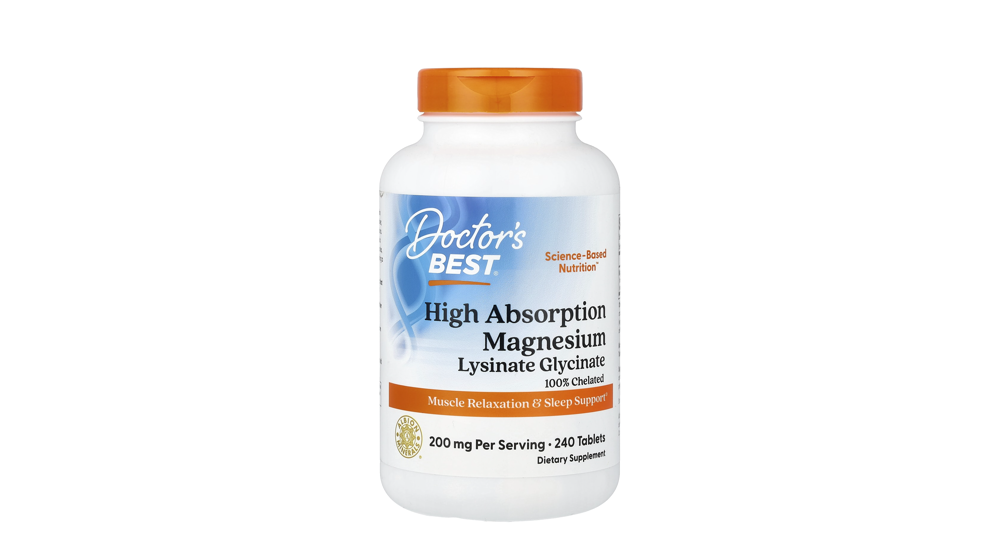 iHerb - בקבוק לבן עם מכסה כתום של Doctor's Best מגנזיום ליזינאט גליצינאט בספיגה גבוהה, 240 טבליות