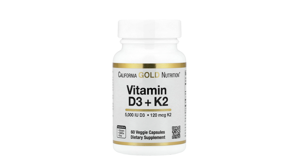 California Gold Nutrition - בקבוק לבן עם פס זהב של ויטמין D3 + K2, 60 כמוסות צמחיות, 5000 IU