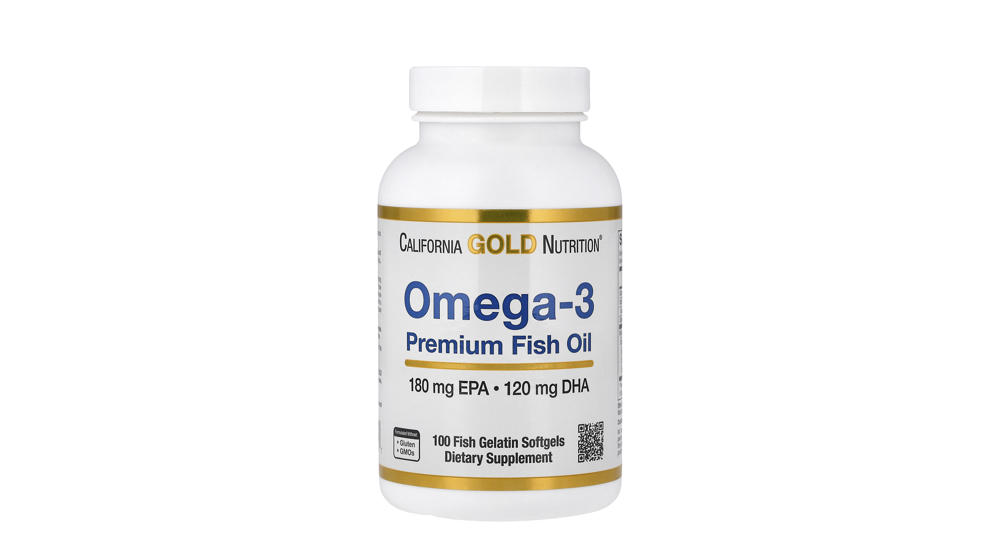 iHerb - בקבוק לבן עם תווית זהב ולבן של California Gold Nutrition אומגה-3 שמן דגים פרימיום, 100 כמוסות רכות