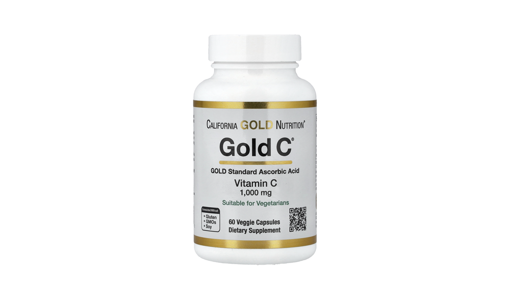 iHerb - בקבוק לבן עם מכסה לבן של ויטמין C גולד סי מ-California Gold Nutrition, 1000 מ"ג, 60 כמוסות
