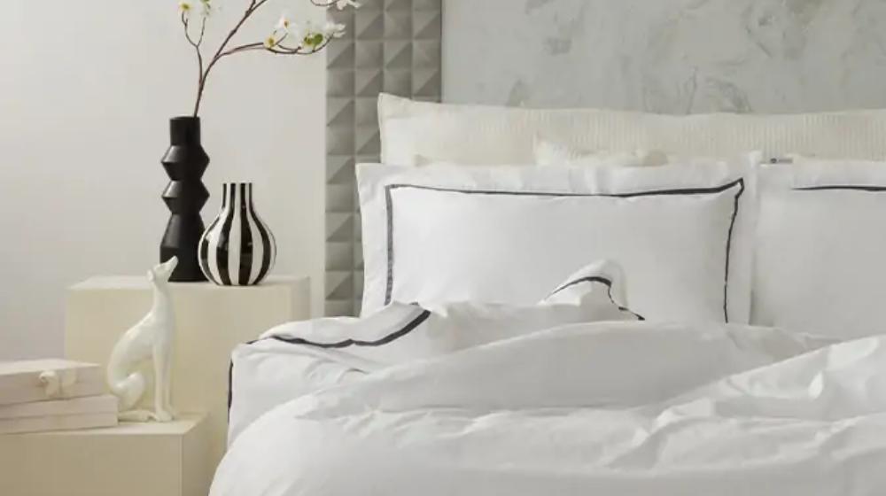 סט מצעי כותנה פרקל דגם אטלנטה לבן עם פייפינג אפור T400